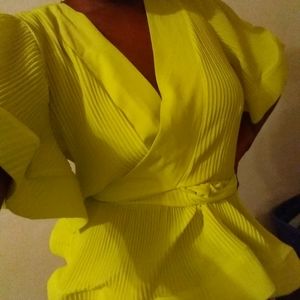 Fashion Nova neon green ruffle open tie up shirt